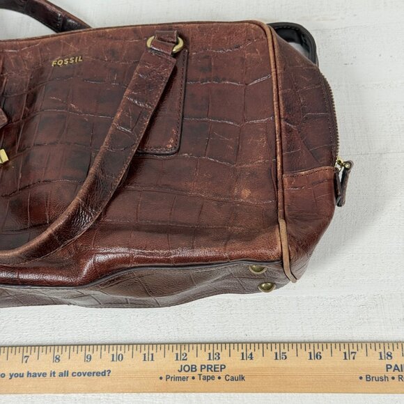Fossil Croc Embossed Leather Satchel Brown Structured Shoulder Bag - Picture 13 of 16